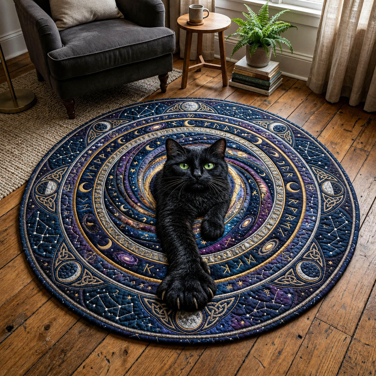Black Cat Universe Quilted Round Mat GFTOLAN803