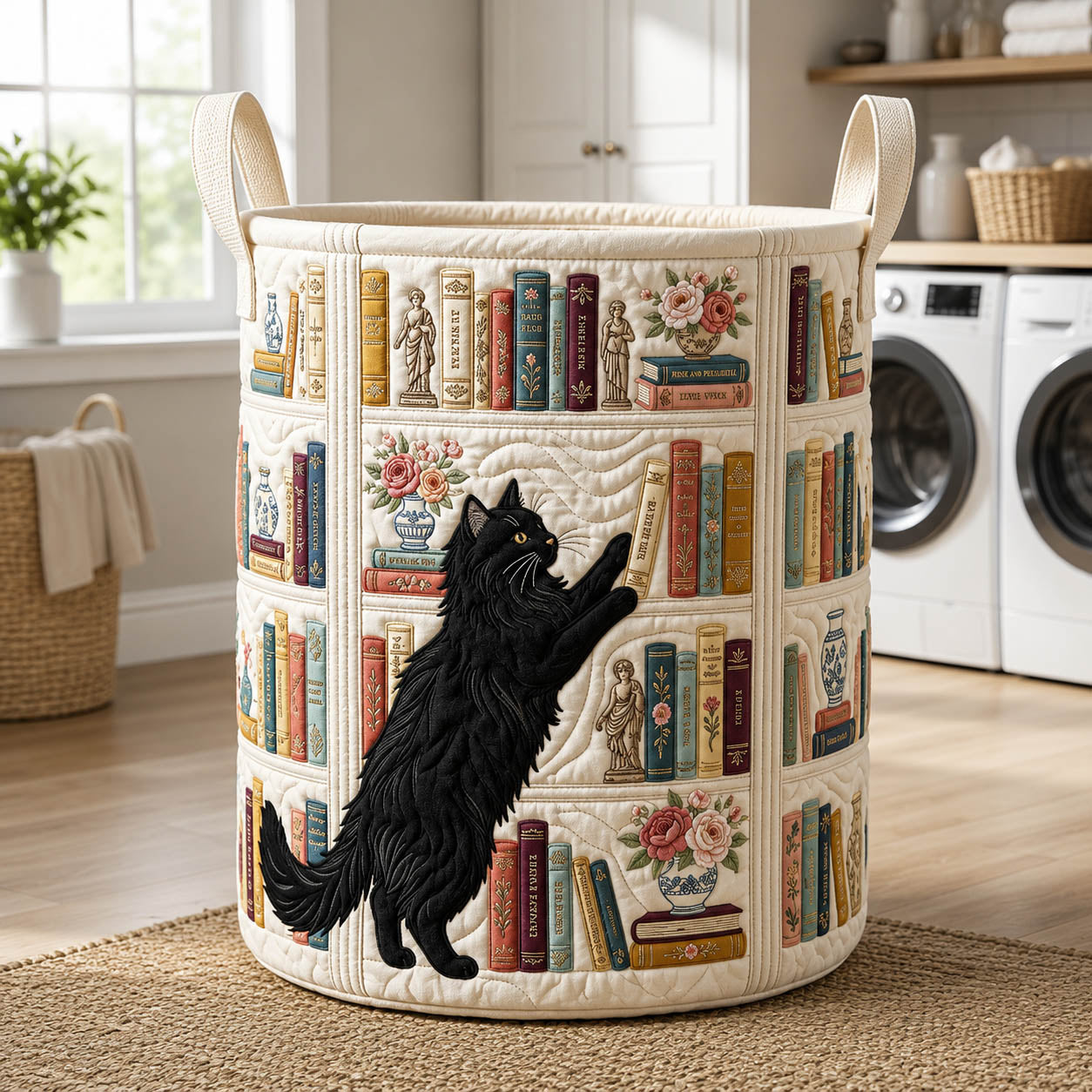 Black Cat Bookshelf Quilted Laundry Basket GFTOLAN817