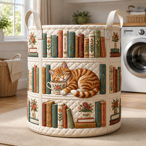 Bookshelf Cat Quilted Laundry Basket GFTOLAN818