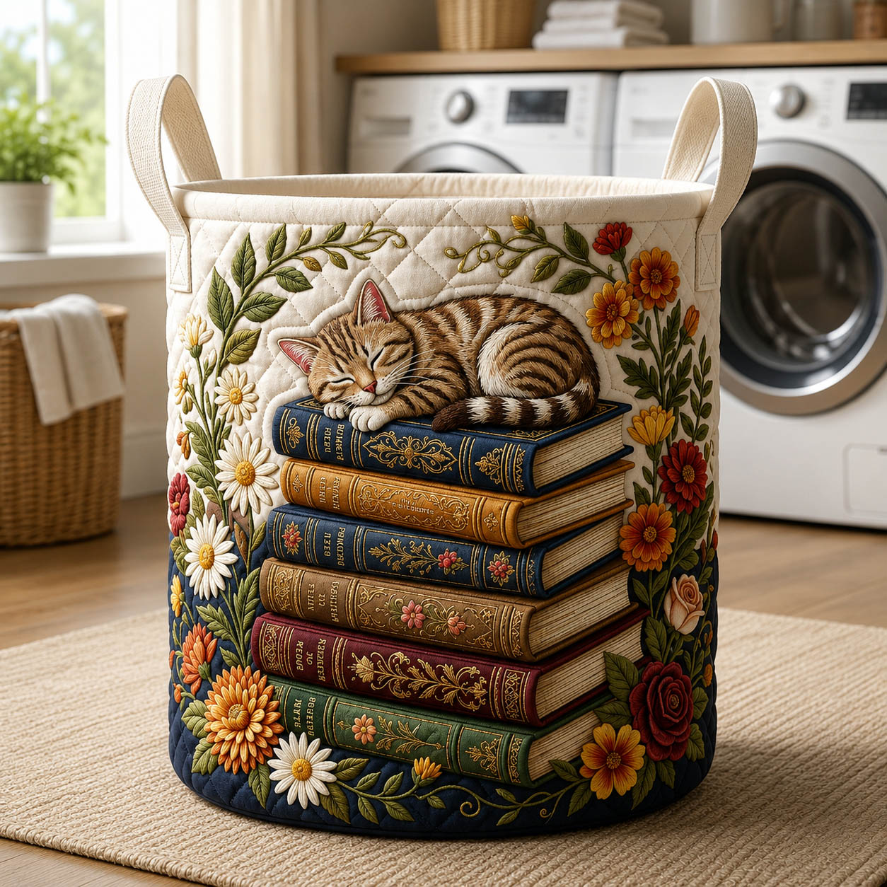Sleeping Cat Book Quilted Laundry Basket GFTOLAN819