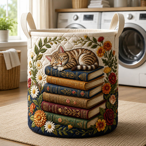 Sleeping Cat Book Quilted Laundry Basket GFTOLAN819