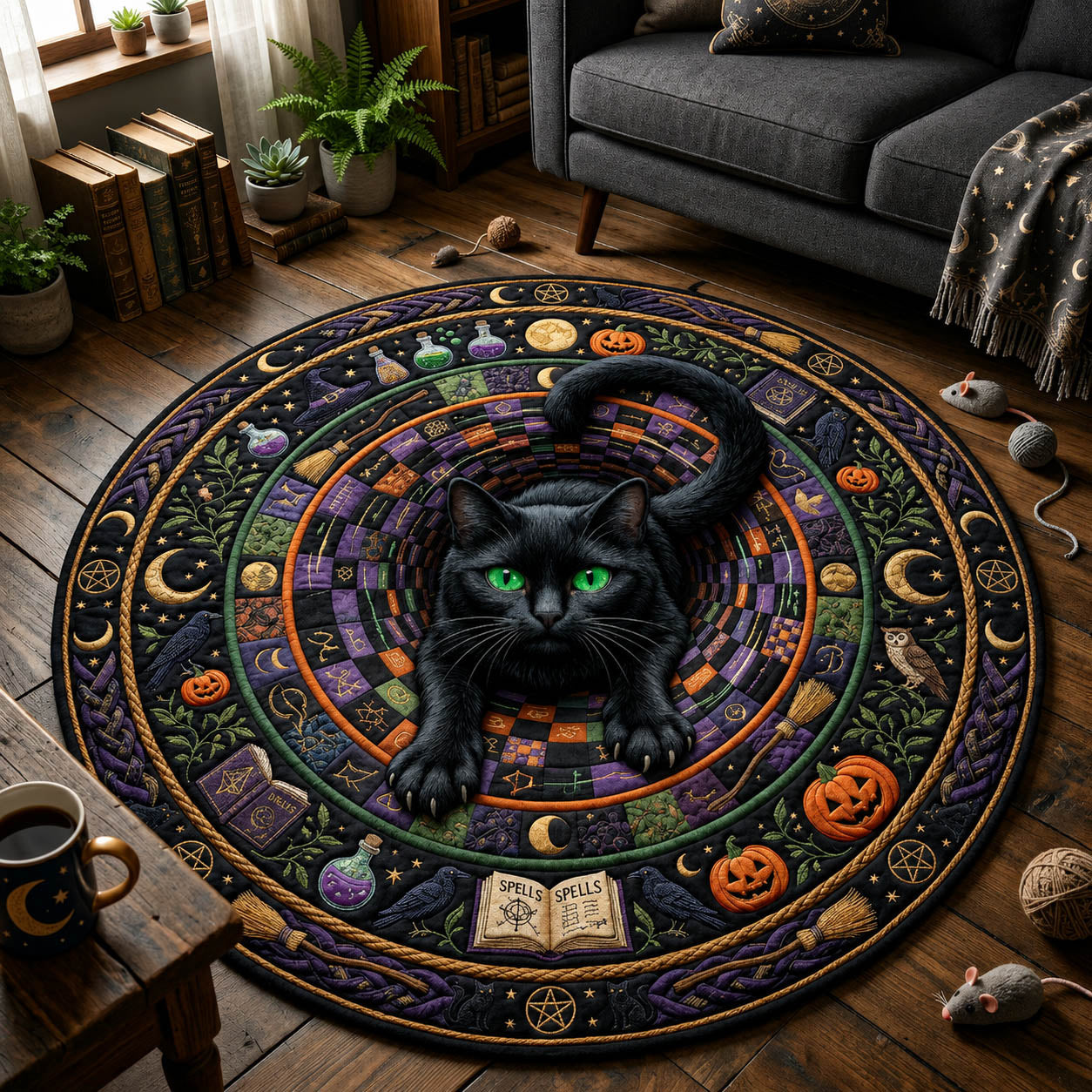 Black Cat Vortex Quilted Round Mat GFTOLAN867