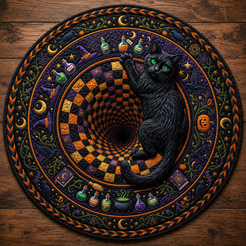 Black Cat Vortex Quilted Round Mat GFTOLAN868