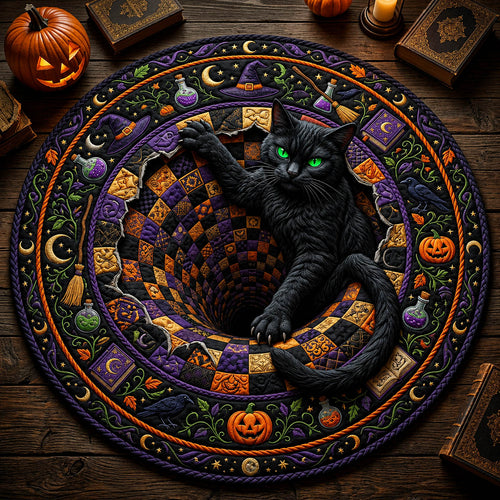 Black Cat Vortex Quilted Round Mat GFTOLAN869