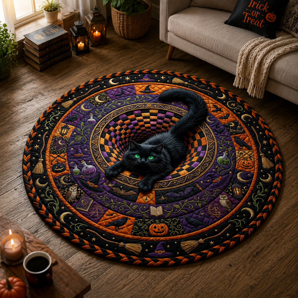 Black Cat Vortex Quilted Round Mat GFTOLAN870