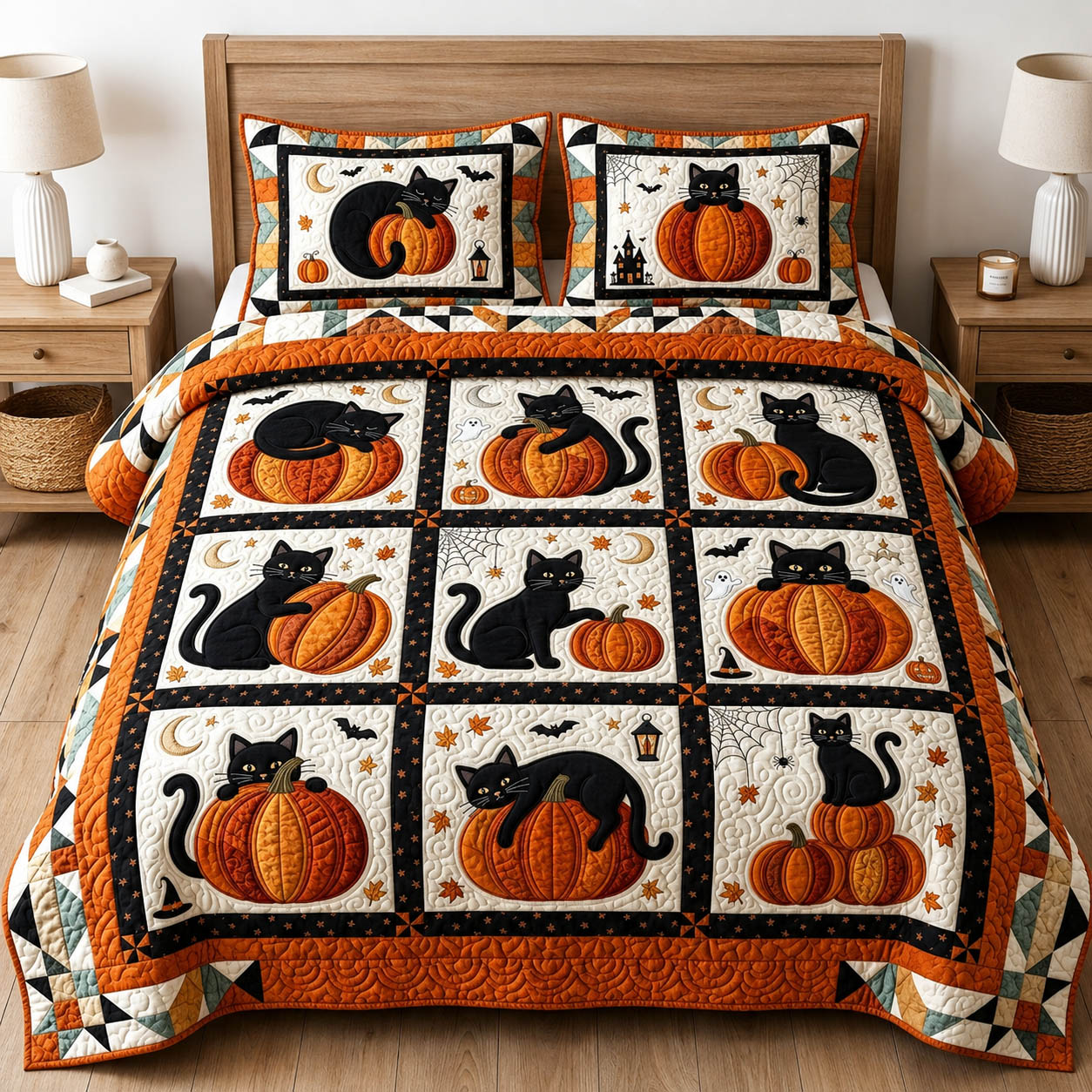 Cat Pumpkin Patch 3-Piece Quilted Bedding Set GFTOLAN894