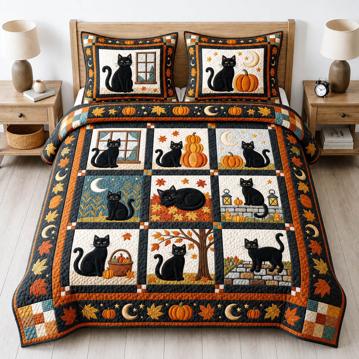 Cat Pumpkin Patch 3-Piece Quilted Bedding Set GFTOLAN897