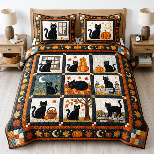Cat Pumpkin Patch 3-Piece Quilted Bedding Set GFTOLAN897