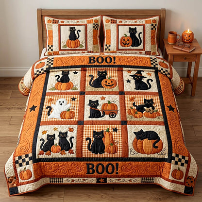 Cat Pumpkin Patch 3-Piece Quilted Bedding Set GFTOLAN898