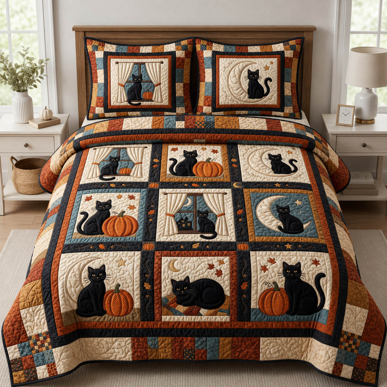 Cat Pumpkin Patch 3-Piece Quilted Bedding Set GFTOLAN899