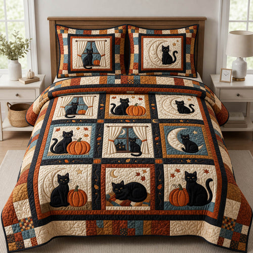 Cat Pumpkin Patch 3-Piece Quilted Bedding Set GFTOLAN899