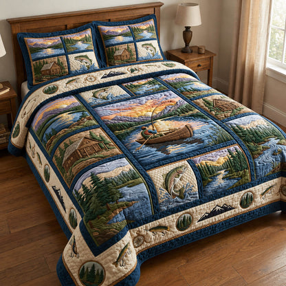 Lakeside Fishing Sunset 3-Piece Quilted Bedding Set GFTOLAN949