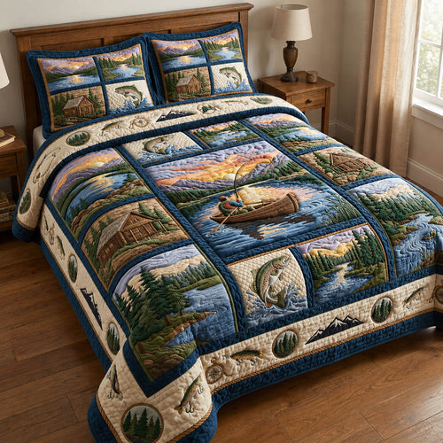 Lakeside Fishing Sunset 3-Piece Quilted Bedding Set GFTOLAN949