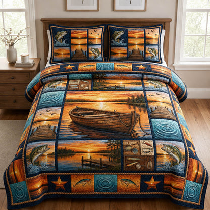 Lakeside Fishing Sunset 3-Piece Quilted Bedding Set GFTOLAN950