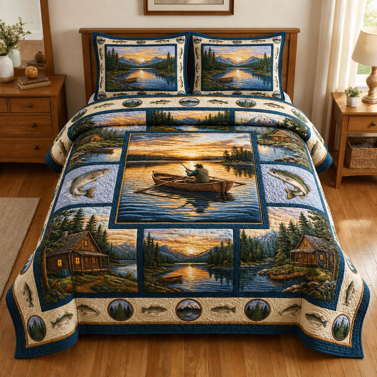 Lakeside Fishing Sunset 3-Piece Quilted Bedding Set GFTOLAN951