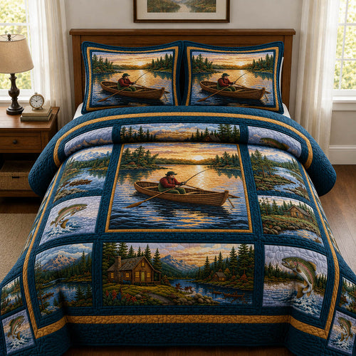 Lakeside Fishing Sunset 3-Piece Quilted Bedding Set GFTOLAN952