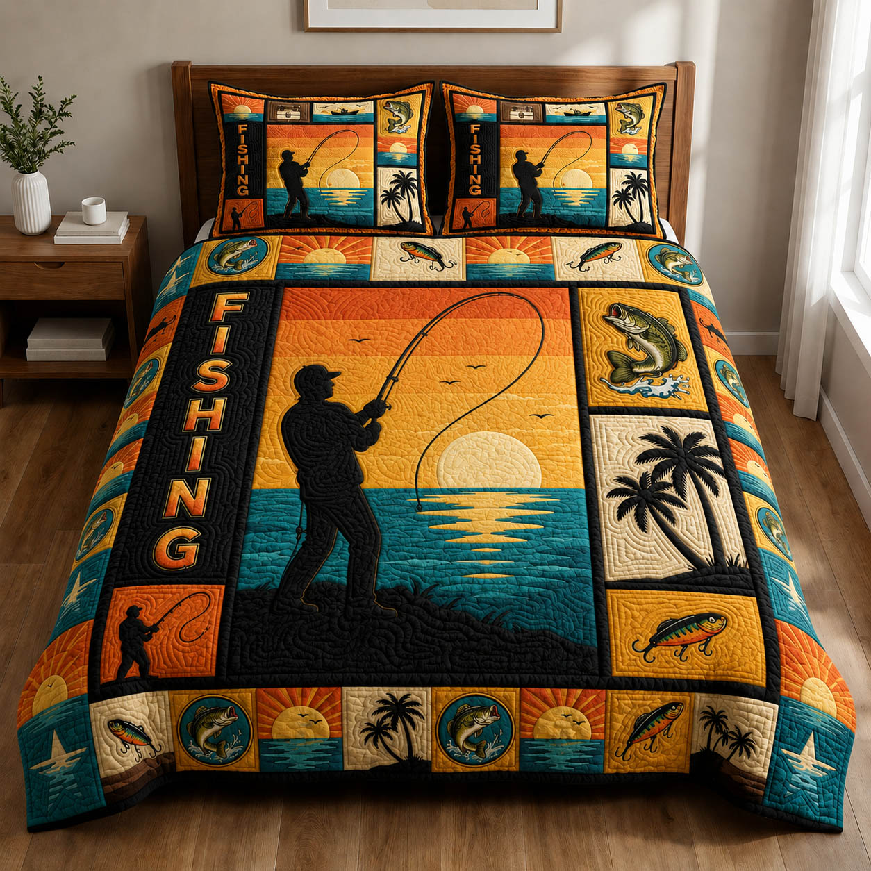 Retro Beach Fishing 3-Piece Quilted Bedding Set GFTOLAN954