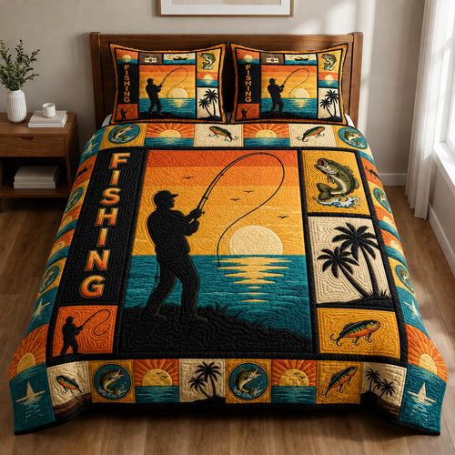 Retro Beach Fishing 3-Piece Quilted Bedding Set GFTOLAN954