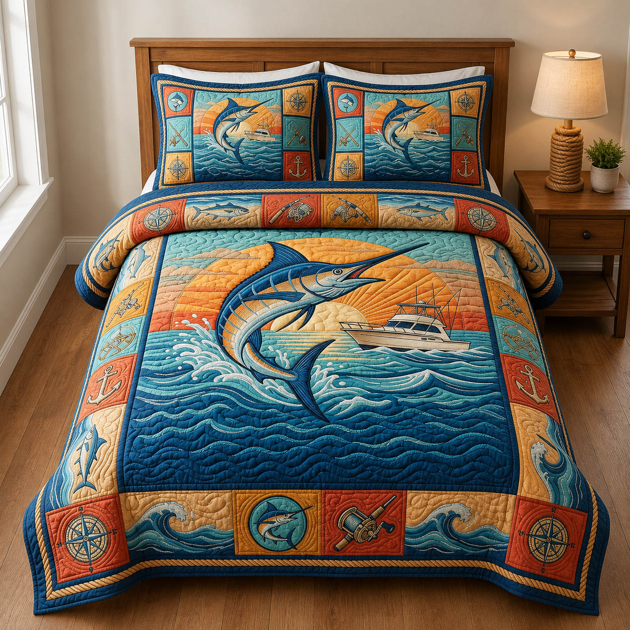 Nautical Fishing 3-Piece Quilted Bedding Set GFTOLAN958