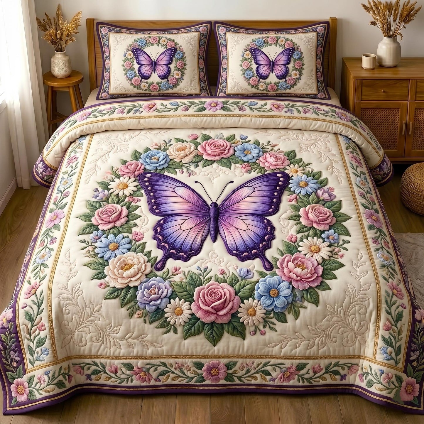 Golden Butterfly 3-Piece Quilted Bedding Set GFTOMA11024