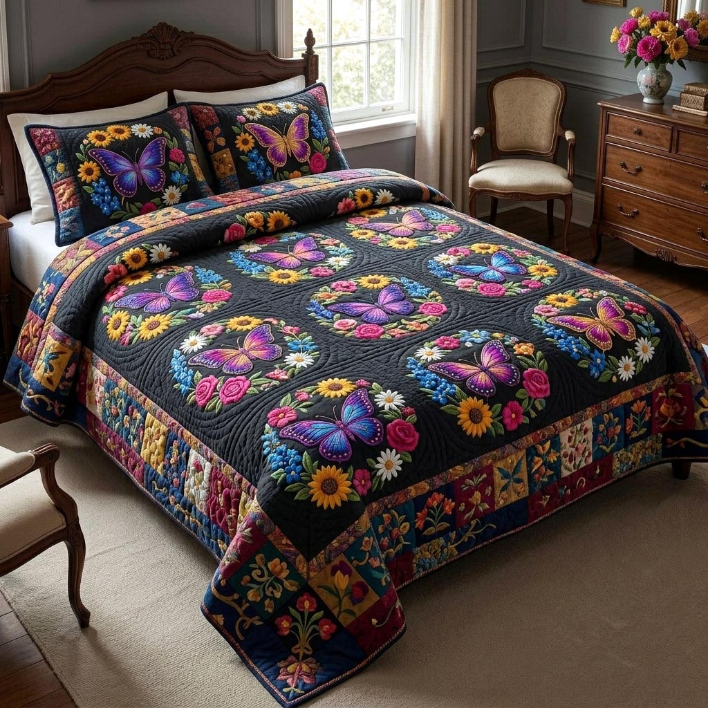 Butterfly Bloom 3-Piece Quilted Bedding Set GFTOMA11028