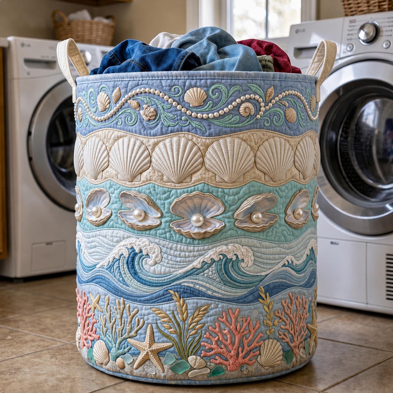 Coastal Whisper Quilted Laundry Basket GFTOMA12070