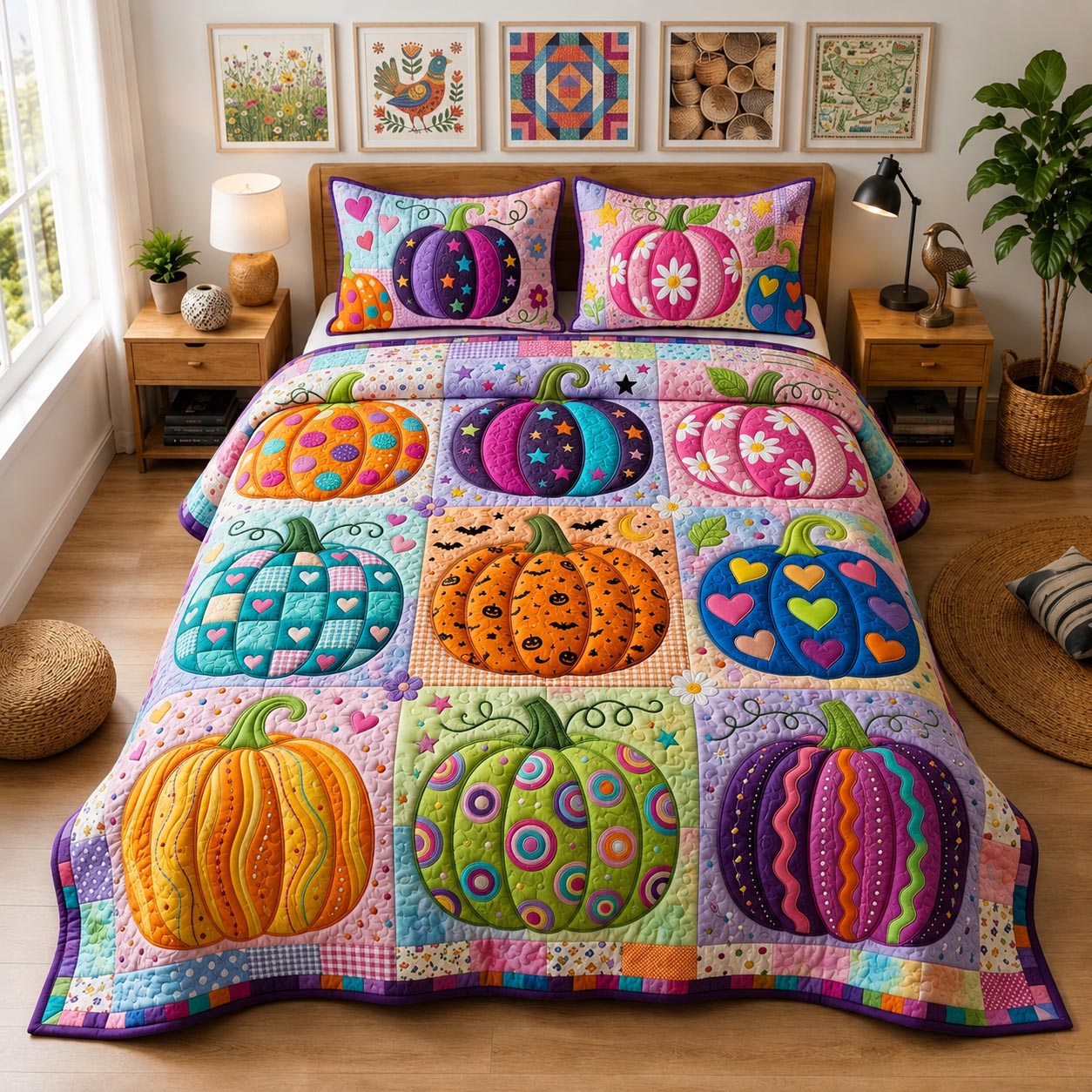 Boho Pumpkin 3-Piece Quilted Bedding Set GFTOMA13404