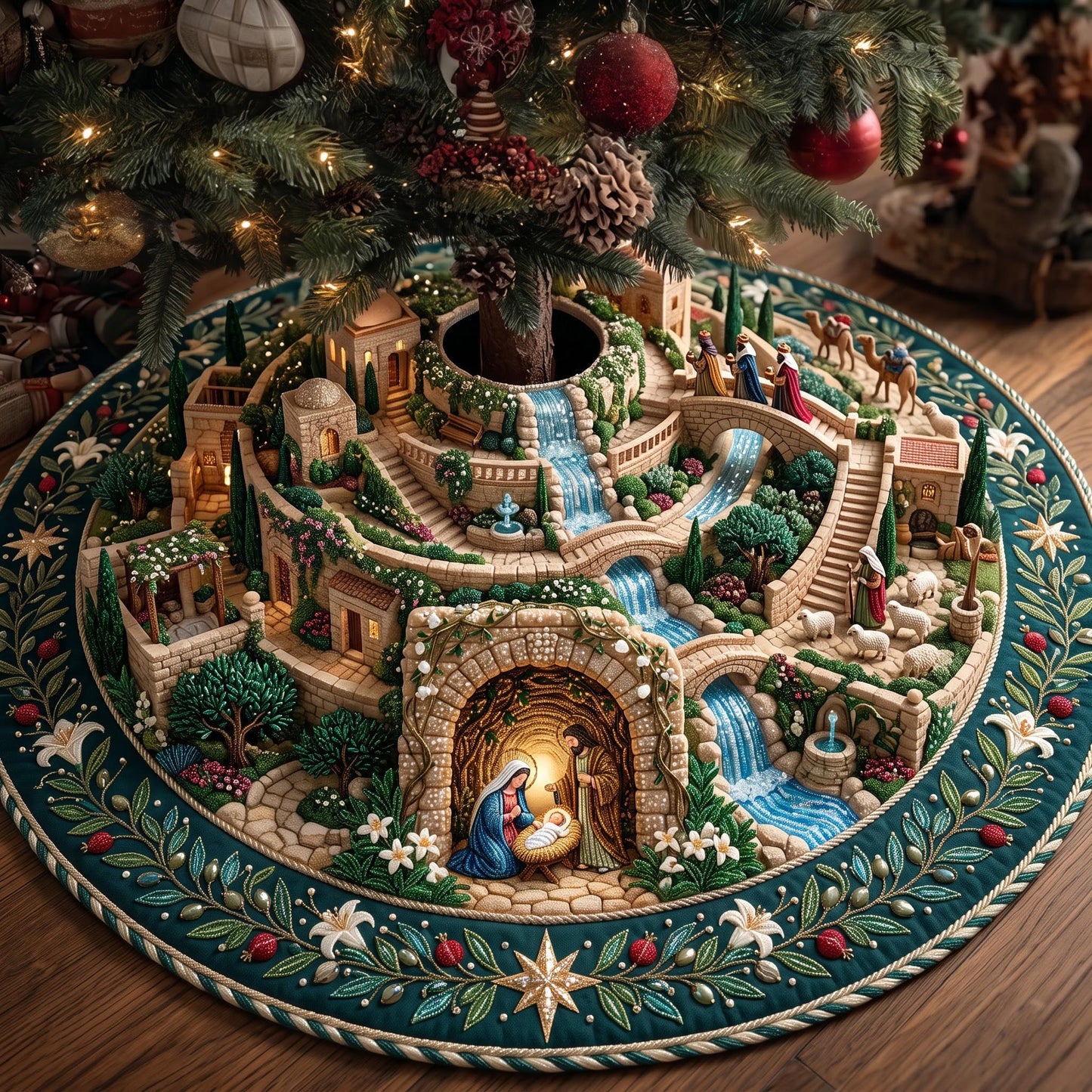 Christmas Nativity Village Quilted Tree Skirt GFTOMA13869
