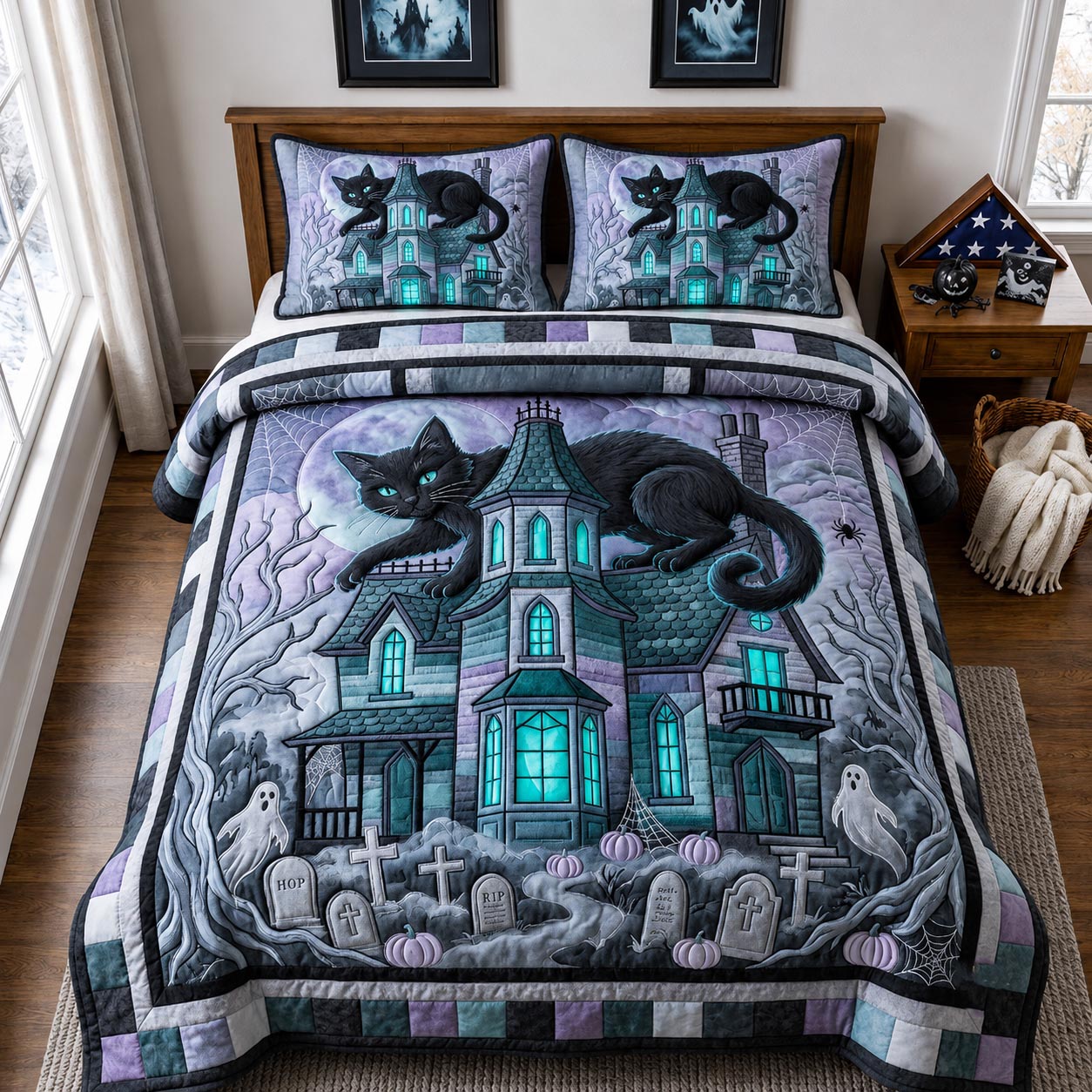 Midnight Cat 3-Piece Quilted Bedding Set GFTOMA14079