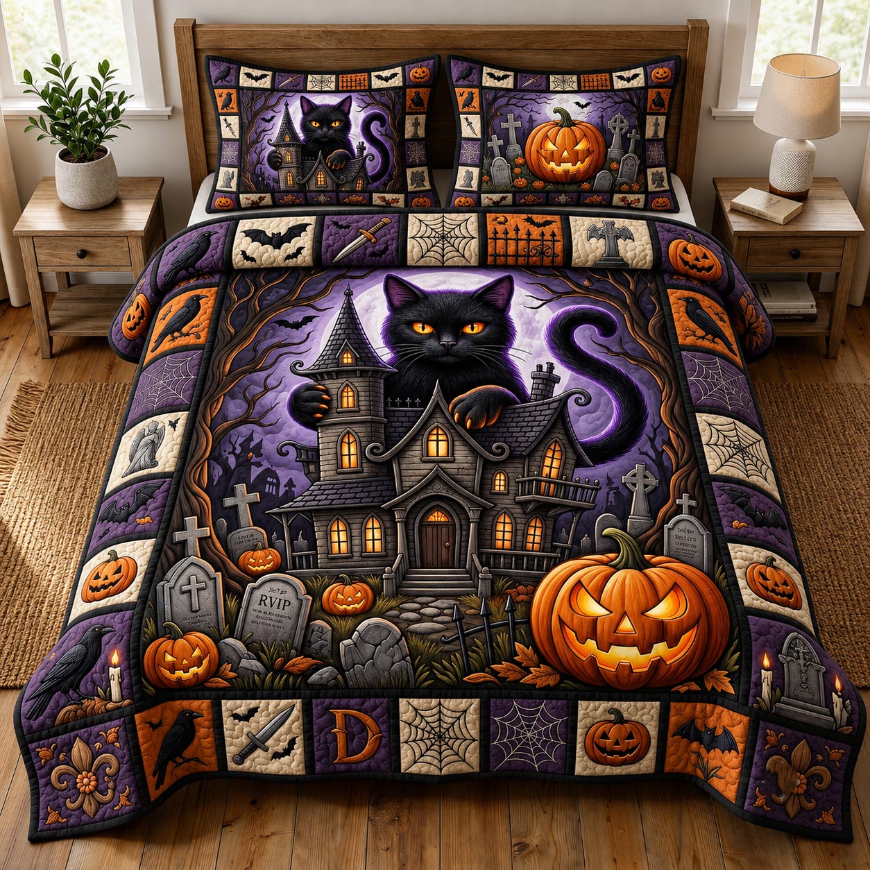 Pumpkin Cat 3-Piece Quilted Bedding Set GFTOMA14080
