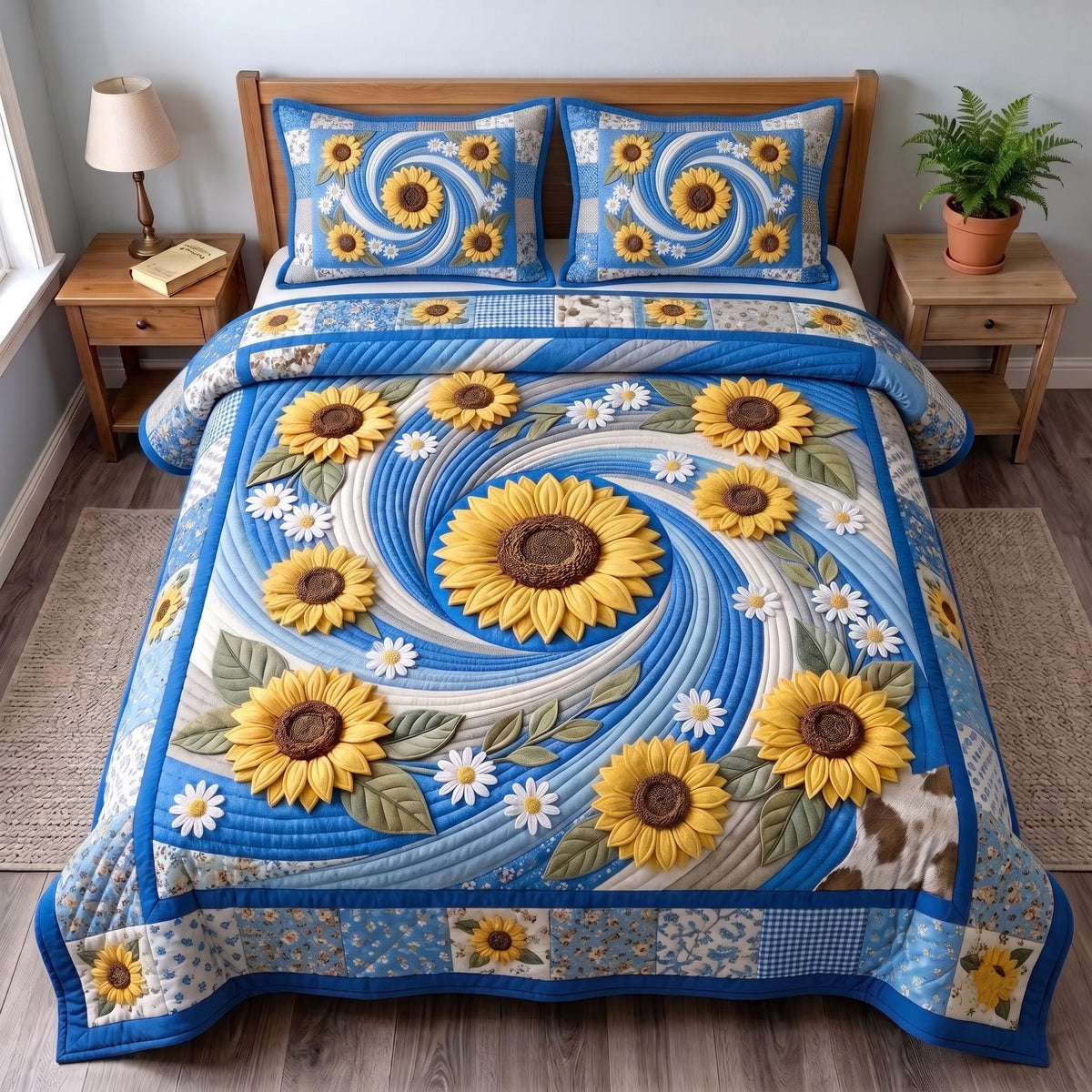 Blue Sunflower 3-Piece Quilted Bedding Set GFTOMA14282