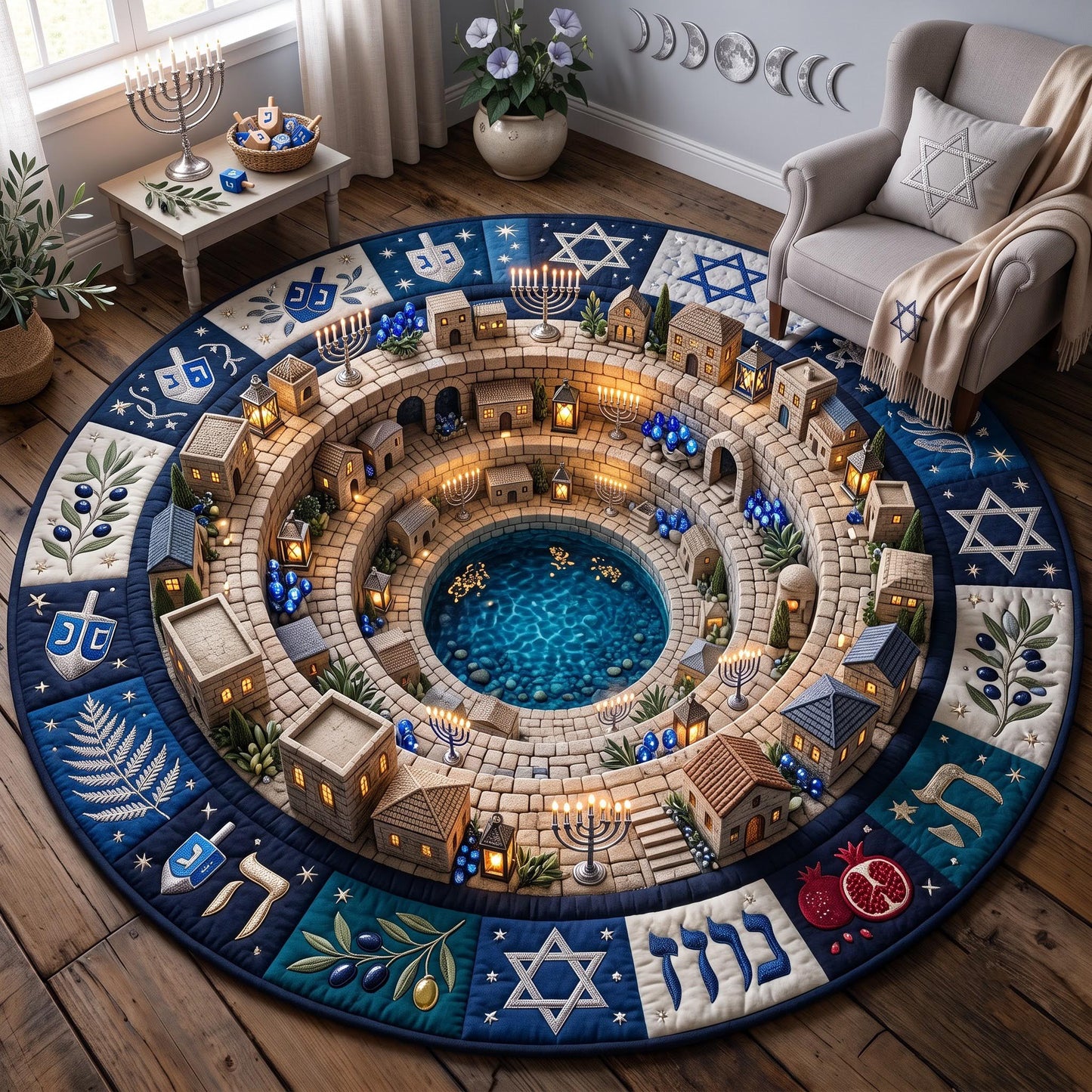 Hanukkah Courtyard Quilted Round Mat GFTOMA14349