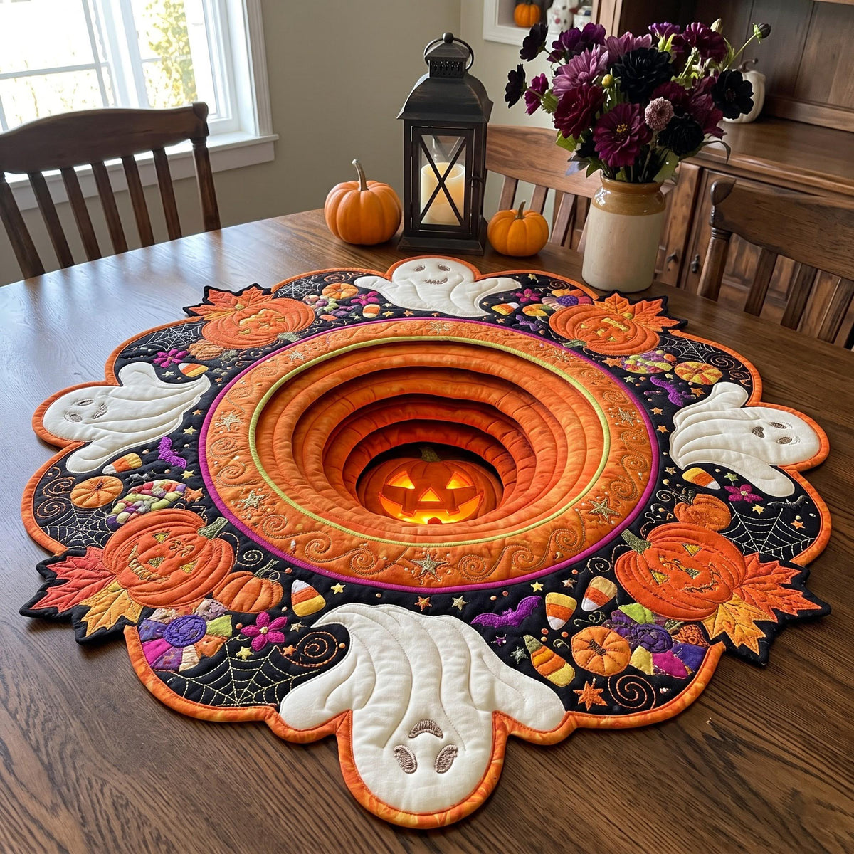 Pumpkin Ghost Custom Shape Quilted Table Topper GFTOMA14382