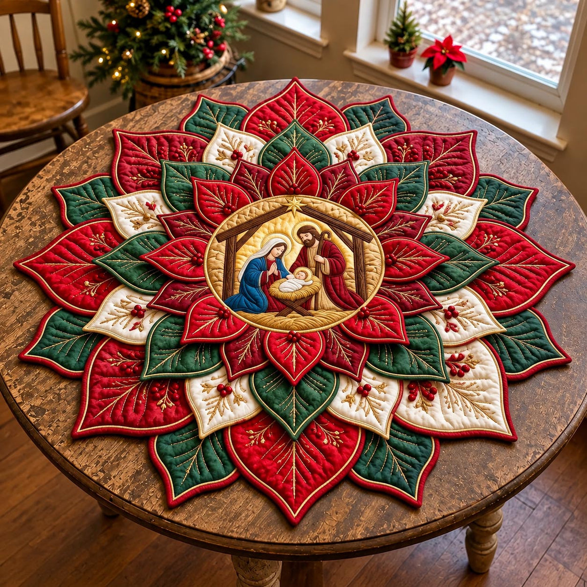 Christmas Poinsettia Custom Shape Quilted Table Topper GFTOMA14404