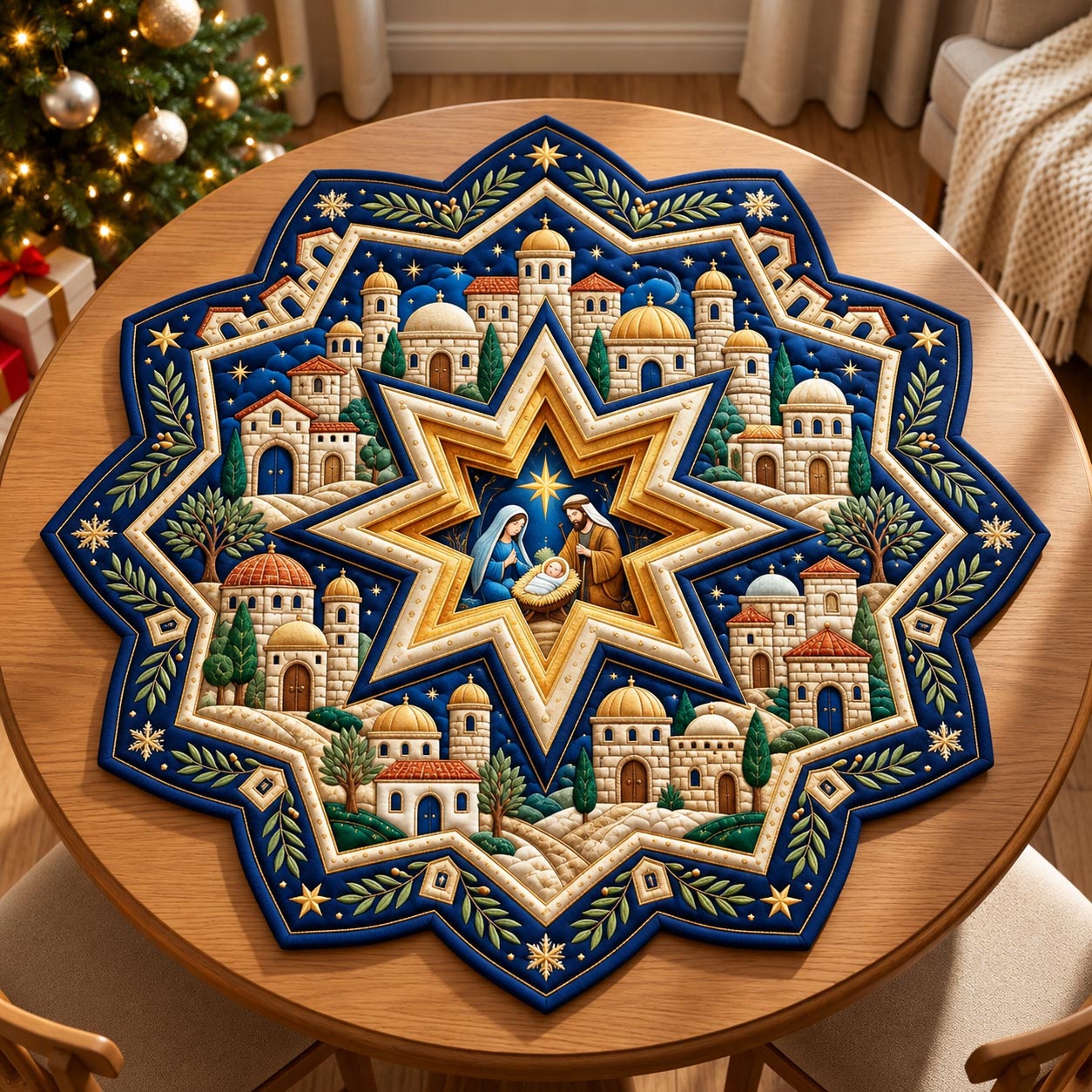 Christmas Village Star Custom Shape Quilted Table Topper GFTOMA14405