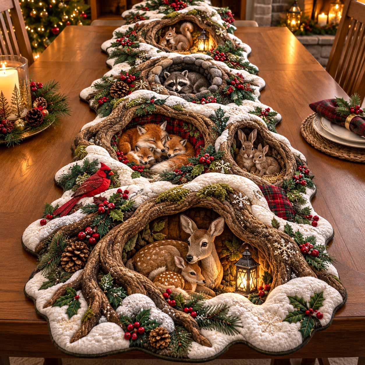 Christmas Woodland Custom Shape Quilted Table Runner GFTOMA14414