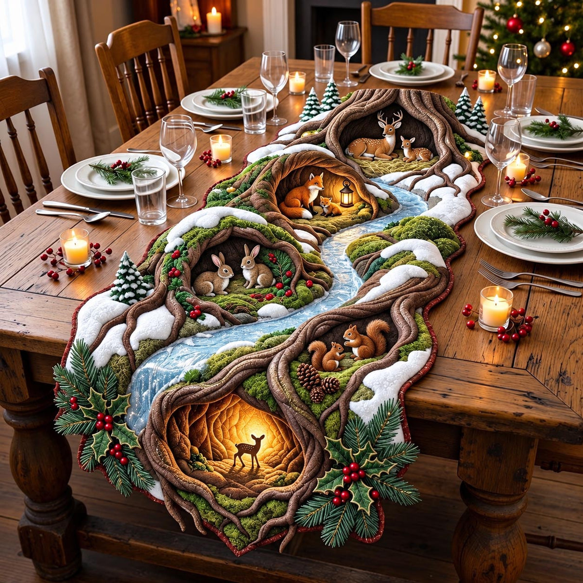 Winter Animal Forest Custom Shape Quilted Table Runner GFTOMA14417