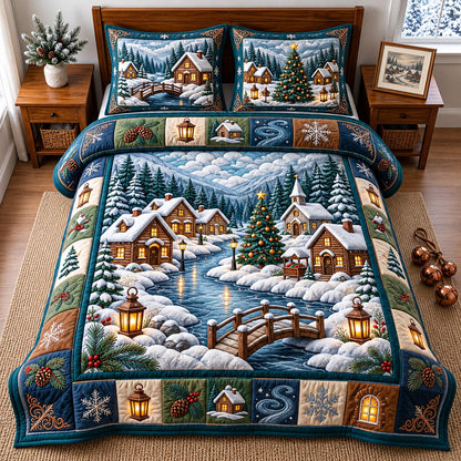 Snowy Cabin Village 3-Piece Quilted Bedding Set GFTOMA14432
