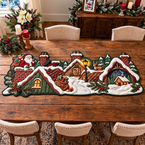 Snowy Christmas Cottage Custom Shape Quilted Table Runner GFTOMA14438