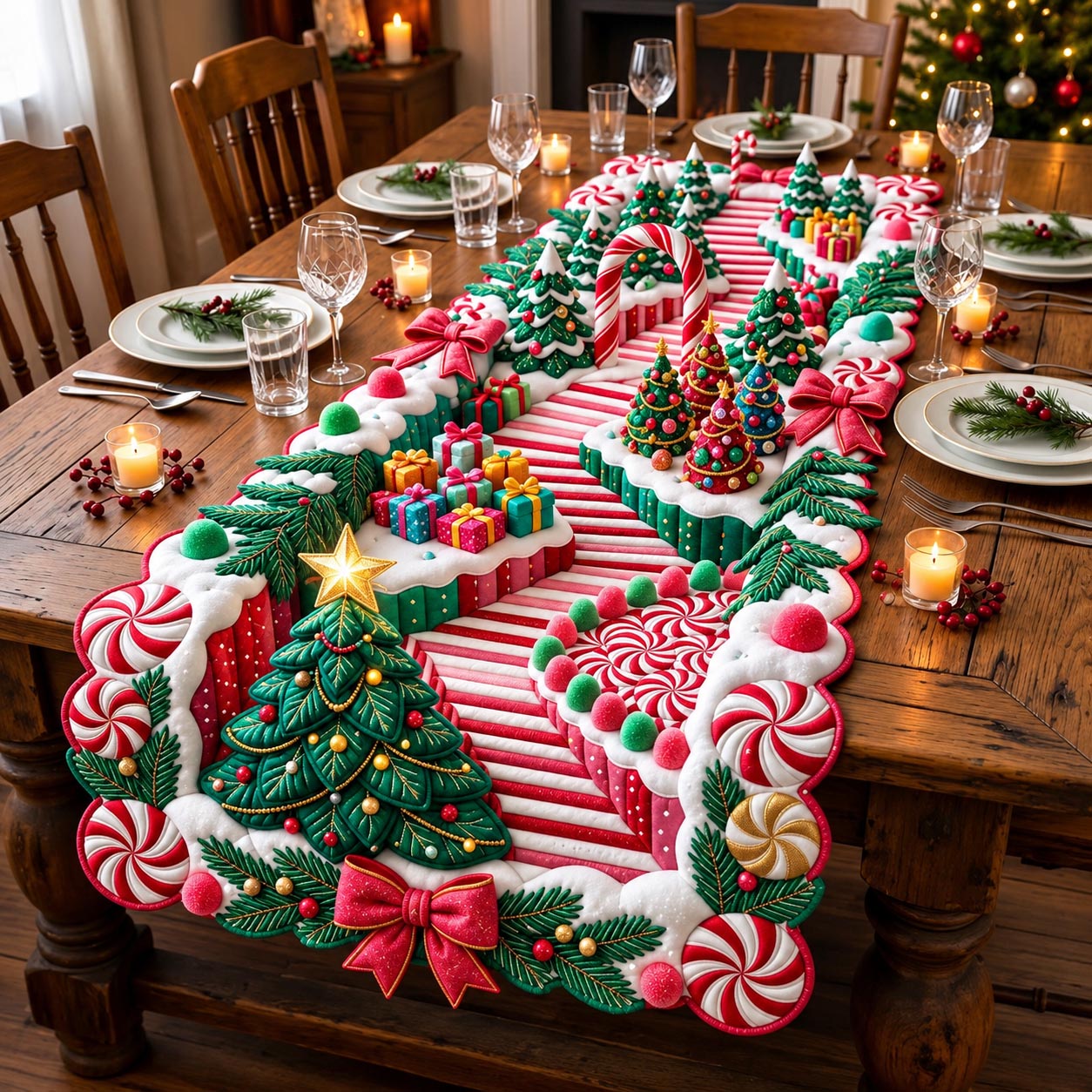 Candy Cane Wonderland Custom Shape Quilted Table Runner GFTOMA14443