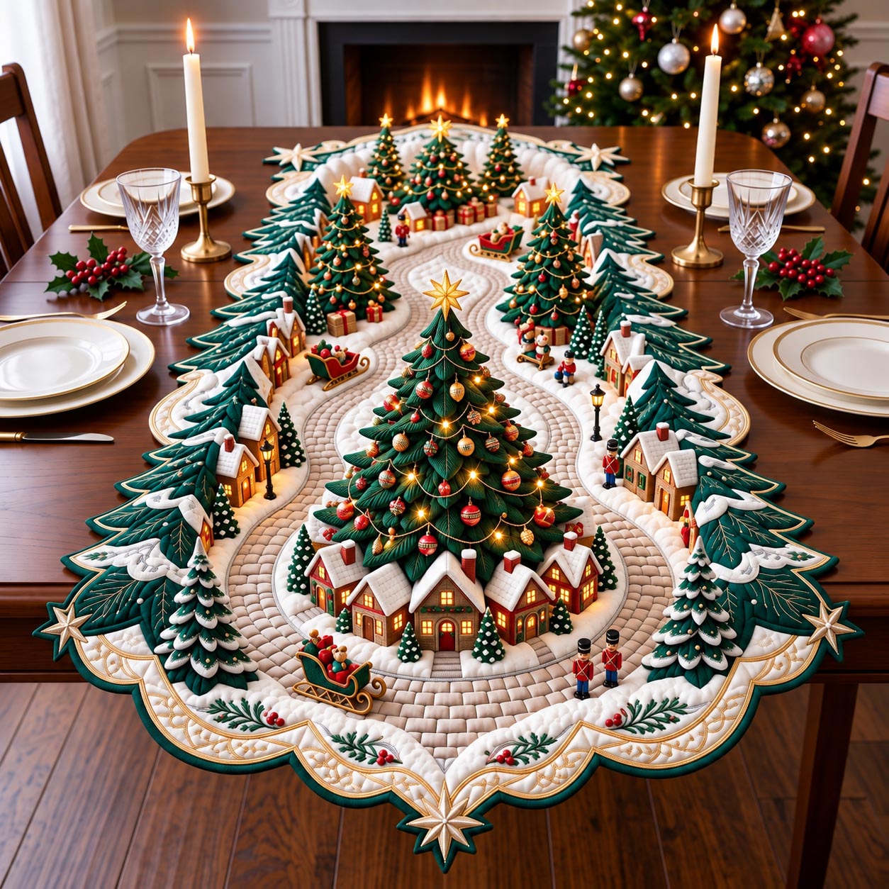 Christmas Village Tree Custom Shape Quilted Table Runner GFTOMA14444