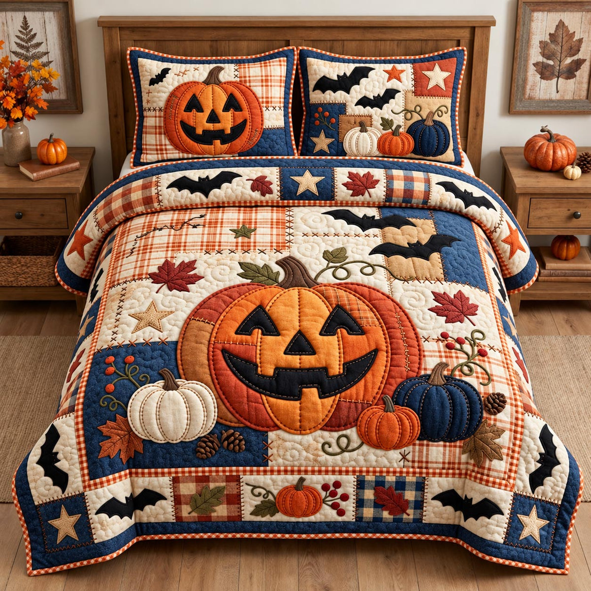 Halloween Pumpkin Patchwork 3-Piece Quilted Bedding Set GFTOMA14479