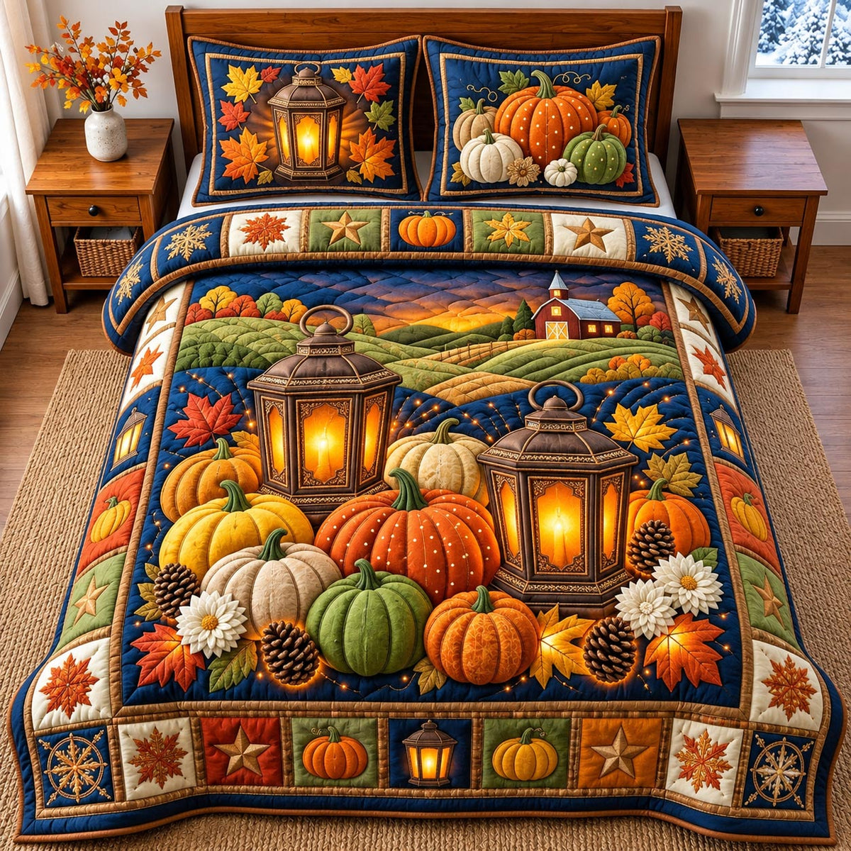 Autumn Pumpkin Lantern 3-Piece Quilted Bedding Set GFTOMA14482