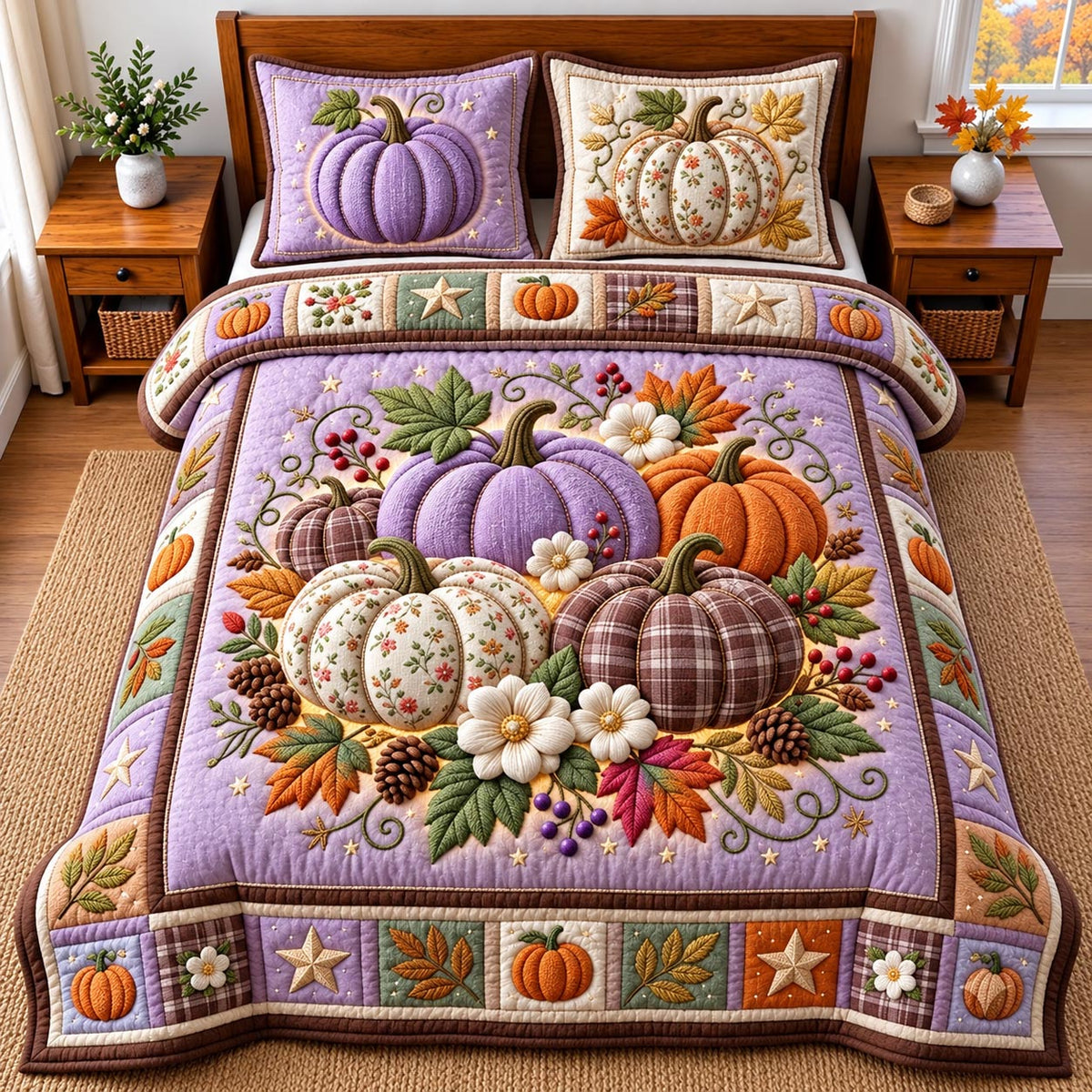 Pastel Pumpkin Harvest 3-Piece Quilted Bedding Set GFTOMA14483