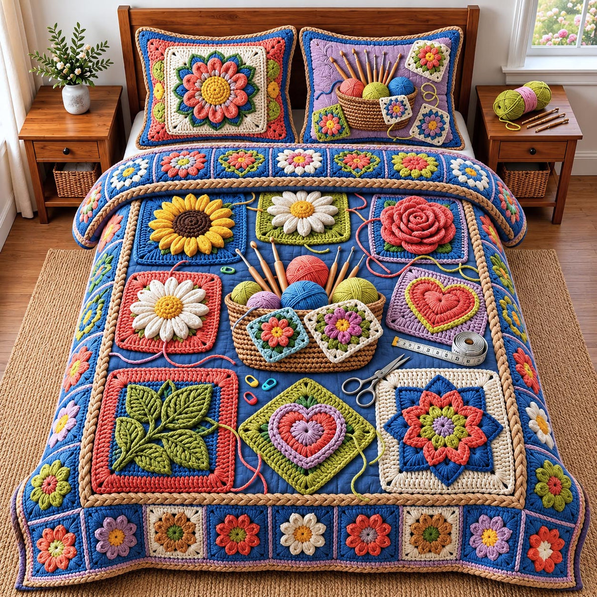 Crochet Flower Patchwork 3-Piece Quilted Bedding Set GFTOMA14515