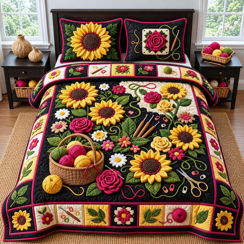 Sunflower Crochet Garden 3-Piece Quilted Bedding Set GFTOMA14516