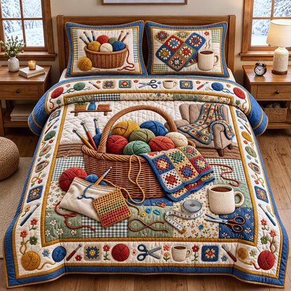 Knitting Basket Patchwork 3-Piece Quilted Bedding Set GFTOMA14519