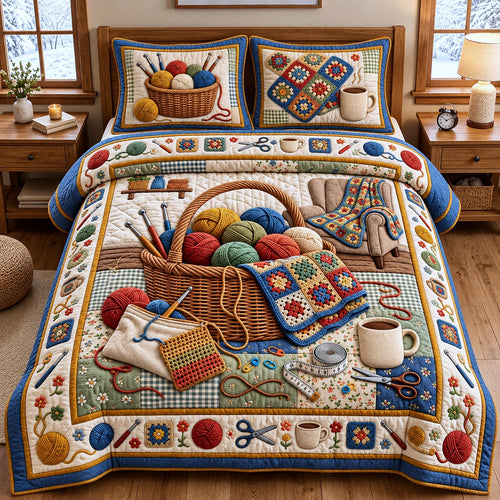 Knitting Basket Patchwork 3-Piece Quilted Bedding Set GFTOMA14519