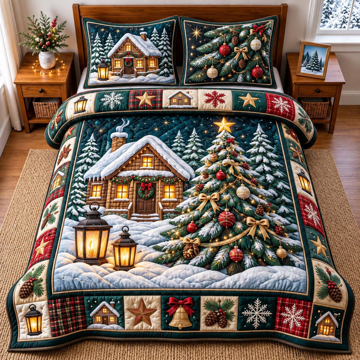 Christmas Cabin Tree 3-Piece Quilted Bedding Set GFTOMA14522