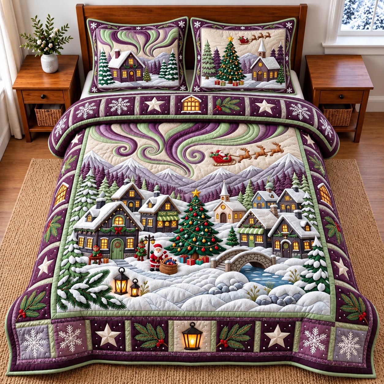 Purple Winter Village 3-Piece Quilted Bedding Set GFTOMA14529